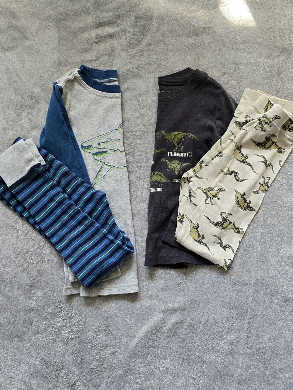 Pair Of Kids Long Sleeve Pajama Set - Dinosaur & Striped Styles, Blue/Grey/Beige